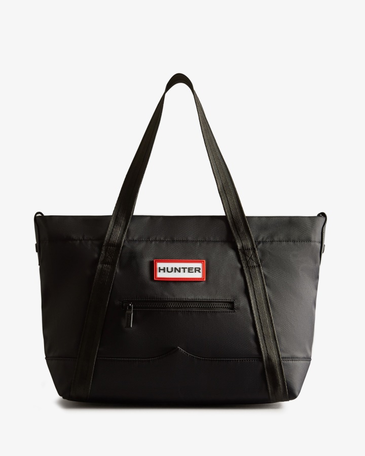 Bolso Shopper Mediano Con Clip En La Parte Superior De Hunter De Nailon Negro