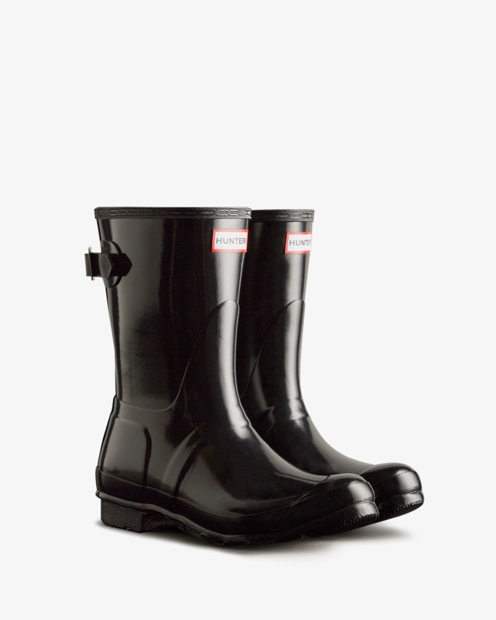 Botas De Lluvia De Mujer Hunter Con Espalda Corta Ajustables En Negro Brillante