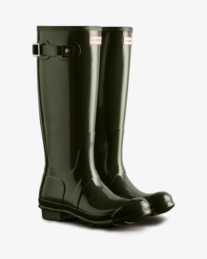 Botas De Lluvia Hunter Originales Tall Gloss Para Mujer Verde Oliva Oscuro