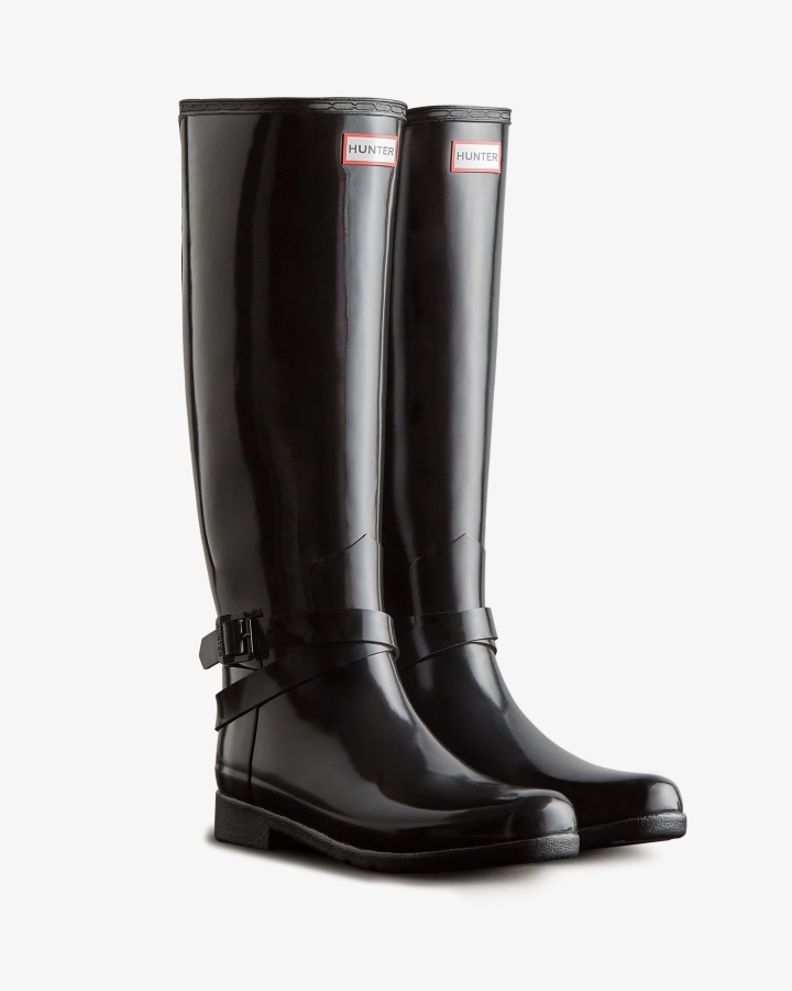 Hunter Botas De Lluvia Altas Y Brillantes Ajustables Y Ajustadas Refinadas Para Mujer Color Negro