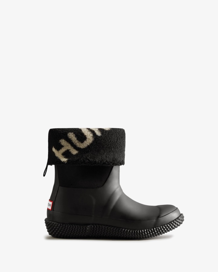 Hunter Botas De Piel De Oveja Vegana Con Logotipo Enrollable Aislado Para Mujer Sauce Blanco Y Negro