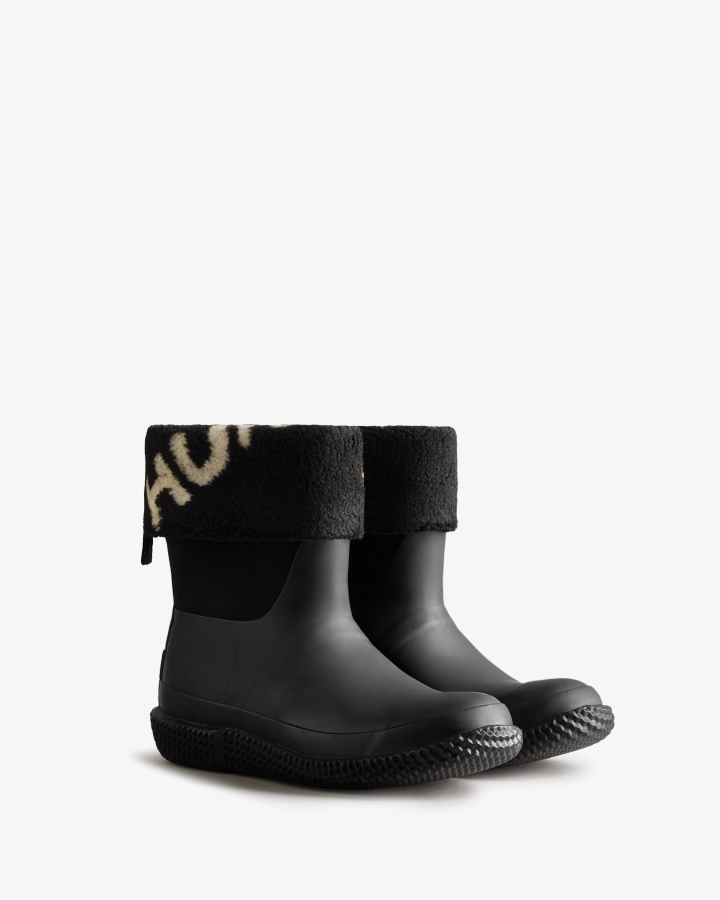 Hunter Botas De Piel De Oveja Vegana Con Logotipo Enrollable Aislado Para Mujer Sauce Blanco Y Negro