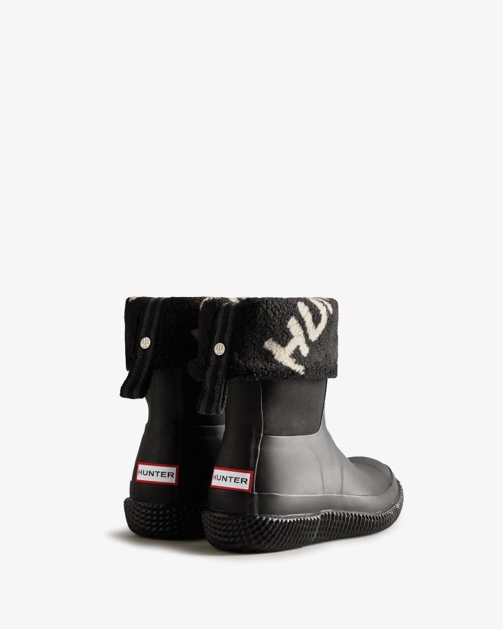 Hunter Botas De Piel De Oveja Vegana Con Logotipo Enrollable Aislado Para Mujer Sauce Blanco Y Negro