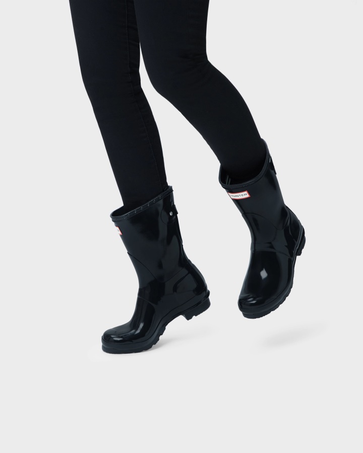 Botas De Lluvia De Mujer Hunter Con Espalda Corta Ajustables En Negro Brillante