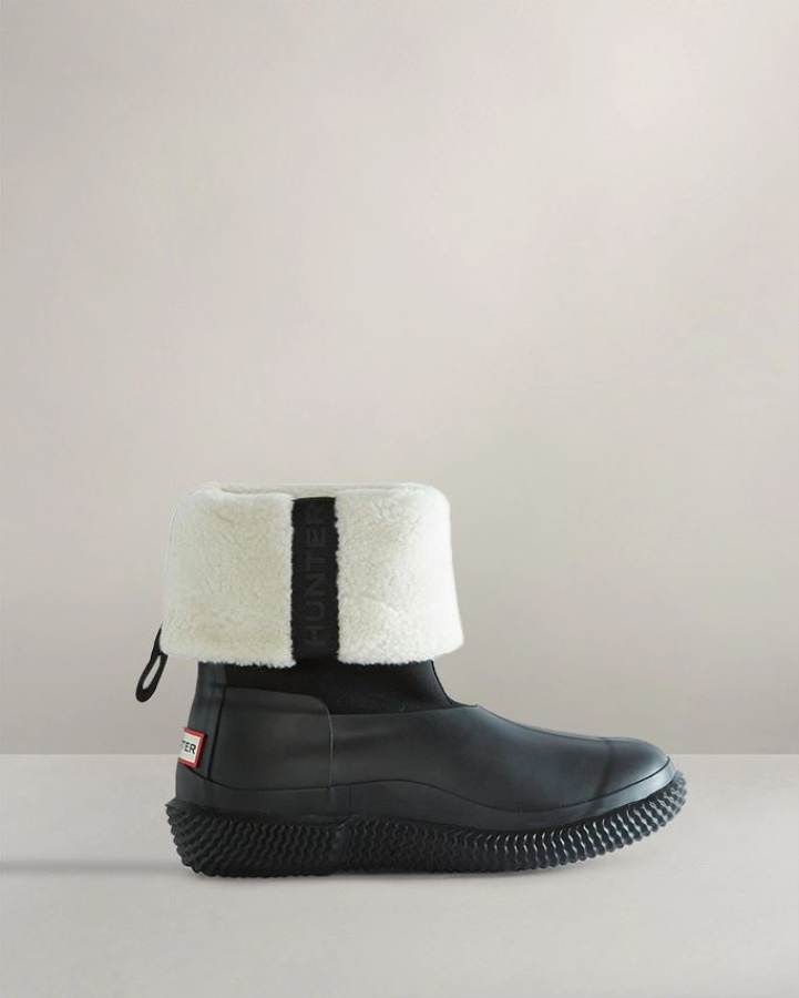 Hunter Botas De Piel De Oveja Vegana Con Correa Superior Enrollable Aislada Para Mujer Sauce Blanco Y Negro